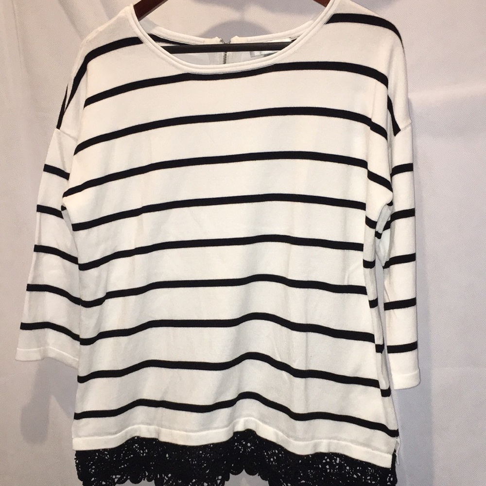 Christopher & Banks Black And White Striped Sweater With Lace Trim | 3/4 Sleeve